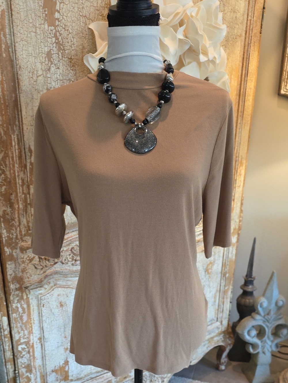 a new day Camel Short Sleeve Crewneck Knit Top